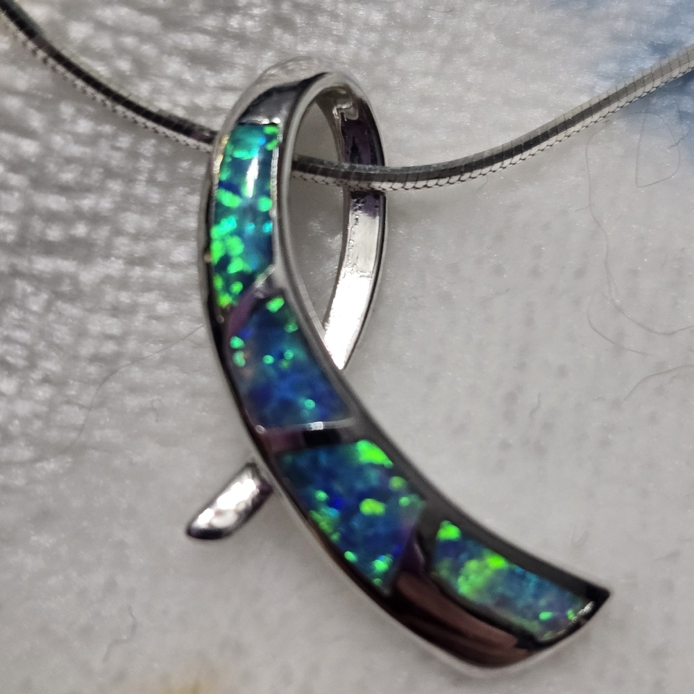 ❤️OPAL❤️ BREAST CANCET RIBBON PENDANT NECKLACE 925 SS SILVER ITALY